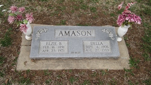 Headstone for Della Lula Alderson Amason and her husband Elzie Boyd Amason. They are buried next to her family in the Vamoosa Cemetery. The cemetery is located just outside of Vamoosa & Konawa, Seminole, Oklahoma. This is the area the Alderson family lived for many years.